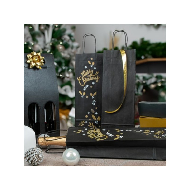 10 Bolsas Kraft para Botellas de Vino con Asas | Navidad | Colores | 14+8x40 cm | Reutilizables, Biodegradables y Reciclables | 