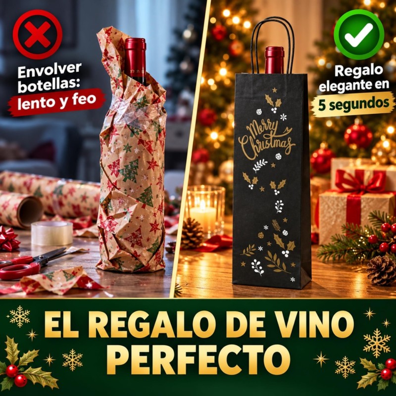 10 Bolsas Kraft para Botellas de Vino con Asas | Navidad | Colores | 14+8x40 cm | Reutilizables, Biodegradables y Reciclables | 