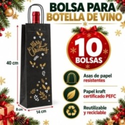 10 Bolsas Kraft para Botellas de Vino con Asas | Navidad | Colores | 14+8x40 cm | Reutilizables, Biodegradables y Reciclables | 