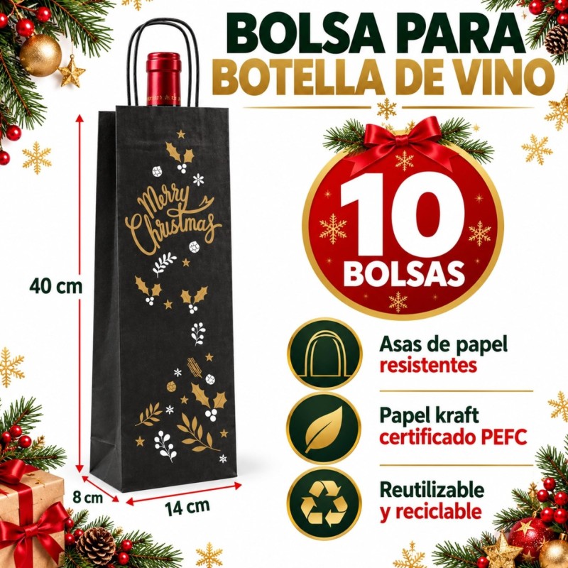10 Bolsas Kraft para Botellas de Vino con Asas | Navidad | Colores | 14+8x40 cm | Reutilizables, Biodegradables y Reciclables | 